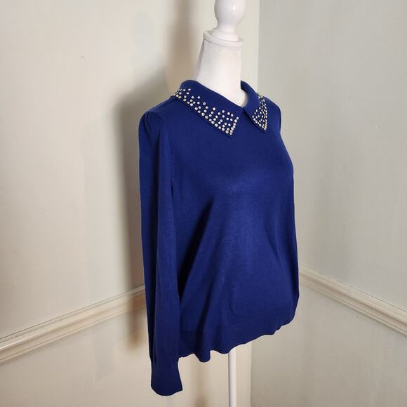 New Loft Sweater Sz Medium Women Blue Embellished Peter Pan Collar Career Casual - Picture 3 of 10
